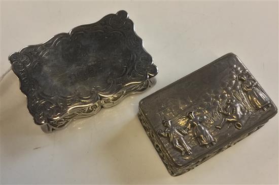 Silver shaped snuff box, engraved scrolls & initials, Bham 1875 & an Edwardian embossed example (a.f)